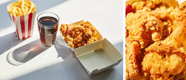 Collage of tasty deep fried chicken, french fries and soda in glass on white table in sunlight — Stock Photo