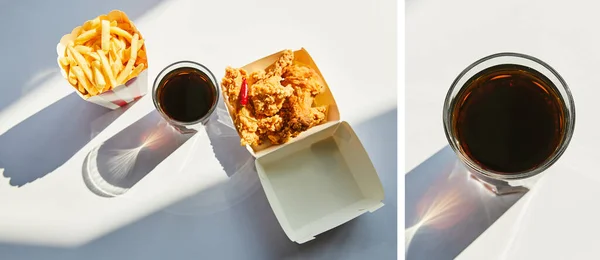 Colagem de frango frito saboroso, batatas fritas e refrigerante em vidro na mesa branca à luz do sol — Fotografia de Stock