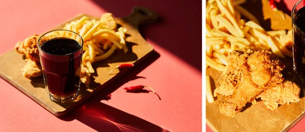 Collage de pollo frito picante y papas fritas servidas en tabla de cortar de madera con soda a la luz del sol - foto de stock