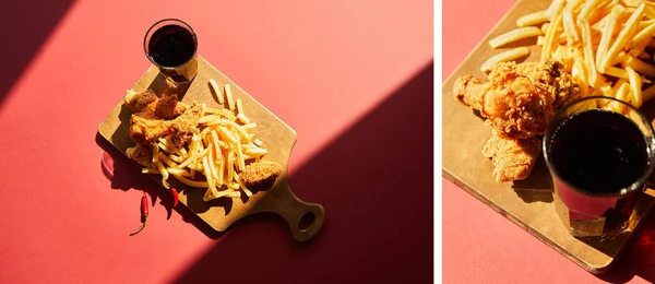 Collage of spicy deep fried chicken and french fries served on wooden cutting board with soda in sunlight — Stock Photo