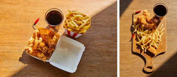 Colagem de frango frito, batatas fritas em recipientes de papelão e a bordo perto de refrigerante em vidro na mesa de madeira à luz do sol — Fotografia de Stock