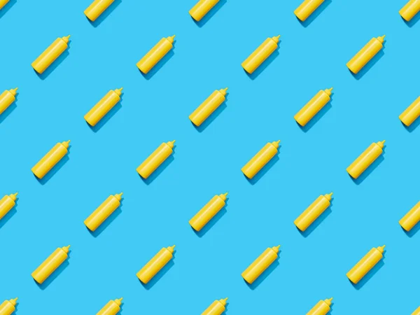 Bouteilles de moutarde sur fond bleu coloré, motif sans couture — Photo de stock
