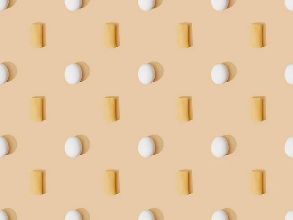 Draufsicht auf frische Cannelloni mit Eiern auf beigem Hintergrund, nahtloses Muster — Stockfoto