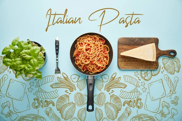 Flat lay with delicious spaghetti with tomato sauce in frying pan near basil leaves and parmesan cheese on blue background with vegetables illustration — Stock Photo