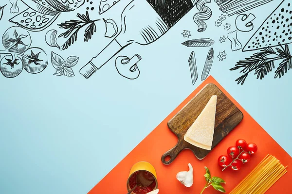 Yacía plano con deliciosa pasta con salsa de tomate ingredientes sobre fondo azul, rojo con ilustración de alimentos - foto de stock