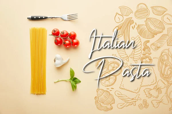 Flat lay with delicious spaghetti with tomato sauce ingredients on yellow background with Italian pasta illustration — Stock Photo