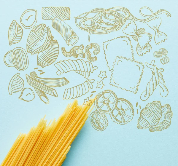 Vista dall'alto di spaghetti crudi su sfondo blu con illustrazione alimentare — Foto stock