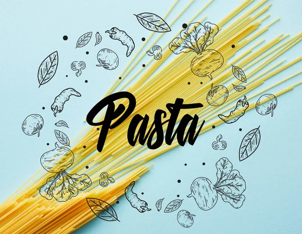 Top view of raw spaghetti on blue background  with pasta illustration — Stock Photo