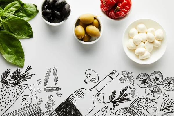 Ansicht von Basilikumblättern und Schalen mit Zutaten auf Weiß, Lebensmittelillustration — Stockfoto