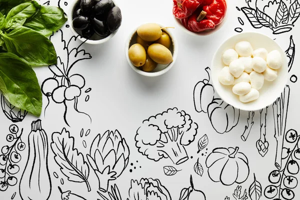 Vista dall'alto di foglie di basilico e ciotole con ingredienti su bianco, illustrazione alimentare — Foto stock