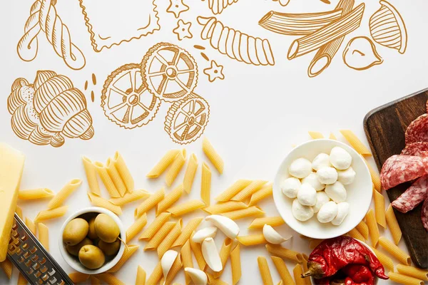 Draufsicht auf Pasta, Fleischplatte, Reibe und Zutaten auf weißem Hintergrund, Lebensmittelillustration — Stockfoto