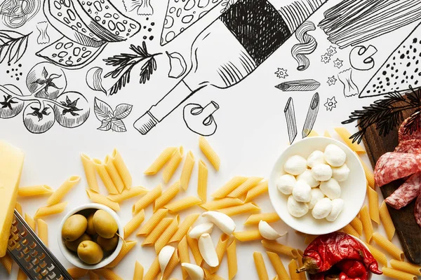 Top view of pasta, meat platter, grater and ingredients on white background, food illustration — Stock Photo