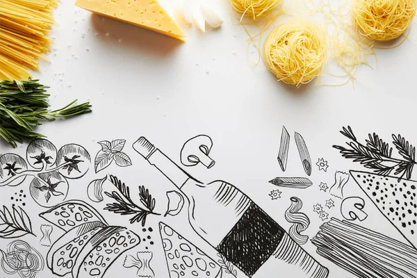 Вид зверху на розмарин, часник, сир та макарони на білому тлі, харчова ілюстрація — стокове фото