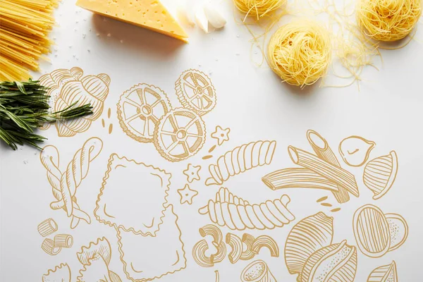 Vista dall'alto di rosmarino, aglio, formaggio e pasta su sfondo bianco, illustrazione alimentare — Foto stock