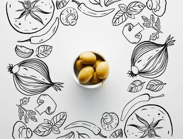 Vista dall'alto di ciotola con olive su sfondo bianco, illustrazione verdure — Foto stock