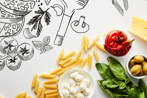 Vista superior de pasta, hojas de albahaca, queso y cuencos con aceitunas, chiles marinados y mozzarella sobre fondo blanco, ilustración de alimentos - foto de stock