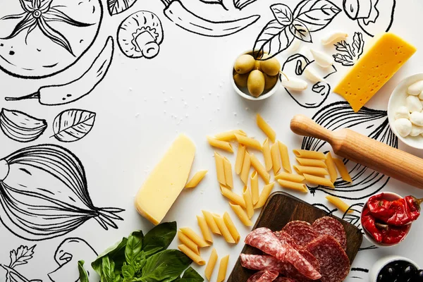 Top view of meat platter, rolling pin, pasta and ingredients on white background, food illustration — Stock Photo