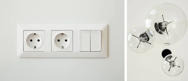 Collage of power sockets near switch and light bulbs — Stock Photo