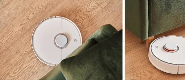 Collage of modern robotic vacuum cleaners washing floor in living room — Stock Photo