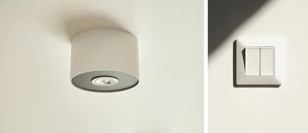 Collage of halogen light bulb in lamp on white ceiling near switch in apartment — Stock Photo