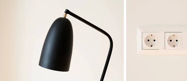 Collage aus schwarzen und modernen Lampen und Steckdosen an weißer Wand — Stockfoto