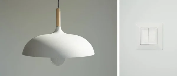 Collage de interruptor moderno y lámpara blanca con bombilla - foto de stock