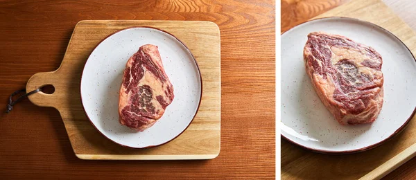 Draufsicht auf frisches rohes Steak auf Platte auf Schneidebrett auf Holztisch — Stockfoto