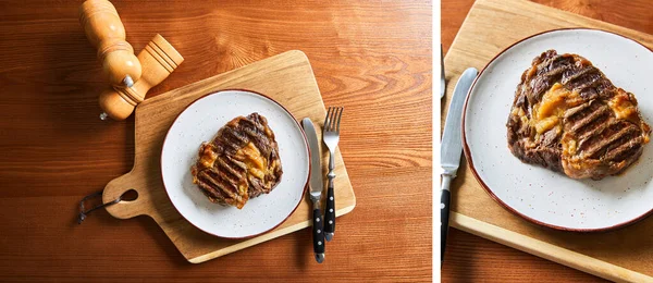 Collage di bistecca fresca grigliata su piastra su tagliere con posate e macine di sale e pepe su tavola di legno — Foto stock