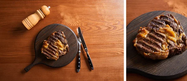 Collage of fresh grilled steak on board with cutlery and salt mill on wooden table — Stock Photo