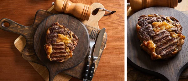 Collage de sabroso bistec a la parrilla servido en tablas de madera con cubiertos, molinos de sal y pimienta - foto de stock