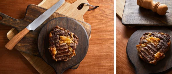 Collage of tasty grilled steak served on wooden boards with knife — Stock Photo