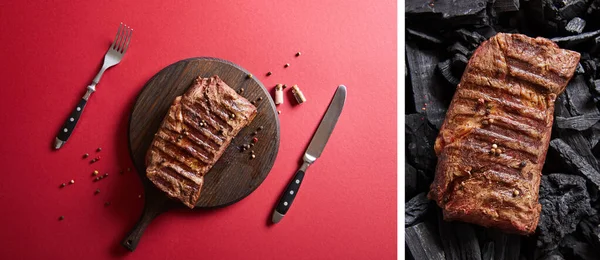 Collage de délicieux steak grillé servi sur une planche de bois avec poivre et couverts sur fond rouge et charbons — Photo de stock