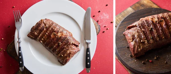 Collage of tasty grilled steak served on wooden board and on plate with cutlery on red background — Stock Photo