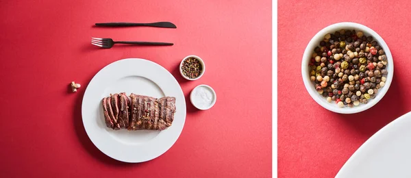 Colagem de saboroso bife grelhado servido em prato com talheres e sal e pimenta em tigelas em fundo vermelho — Fotografia de Stock