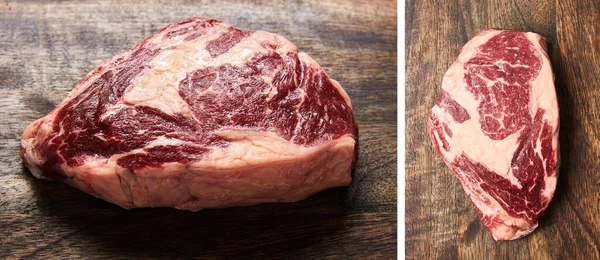 Collage of fresh raw steak on wooden cutting board — Stock Photo
