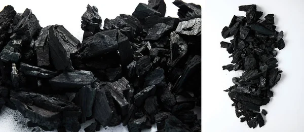 Collage of black coals on white background — Stock Photo