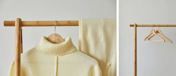 Collage aus beige gestricktem weichem Pullover und Hose, die auf einem Holzbügel auf weißem Hintergrund hängt — Stockfoto