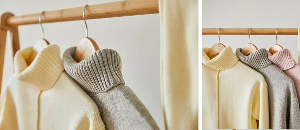 Collage de pulls mous tricotés rose, beige et gris accrochés à des cintres en bois isolés sur blanc — Photo de stock