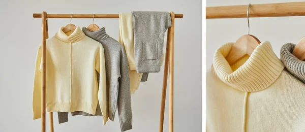 Collage di maglioni e pantaloni morbidi in maglia beige e grigia appesi su appendini in legno isolati su bianco — Foto stock