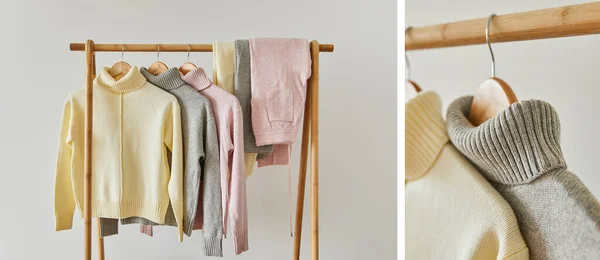 Collage di maglia grigia, rosa e beige morbido maglione e pantaloni appesi su appendiabiti in legno isolato su bianco — Foto stock
