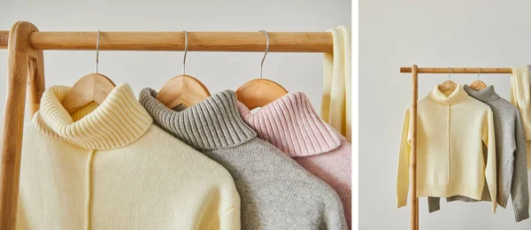 Collage aus rosa, beige und grau gestrickten weichen Pullovern, die isoliert auf weißem Holzgestell hängen — Stockfoto