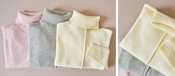 Collage of pink, beige and grey knitted soft sweaters — Stock Photo
