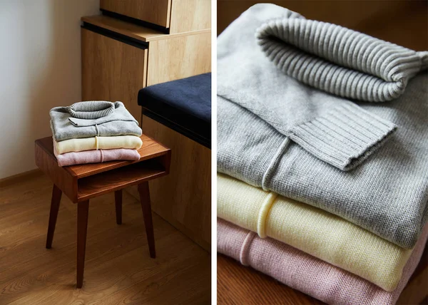 Collage de pulls doux en maille rose, beige et gris sur table en bois dans la chambre — Photo de stock