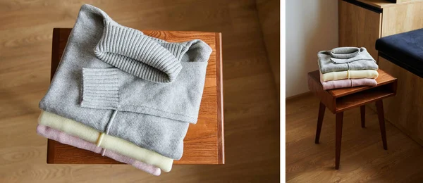 Collage of pink, beige and grey knitted soft sweaters on wooden table in room — Stock Photo