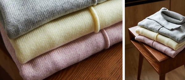 Collage di maglioni morbidi a maglia rosa, beige e grigia su tavolo in legno in camera — Foto stock
