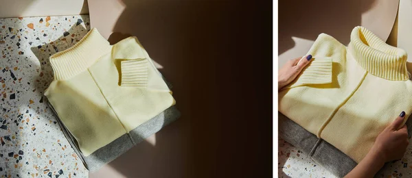 Collage de femme tenant des pulls mous tricotés jaunes et gris sur la surface en pierre et papier à la lumière du soleil — Photo de stock