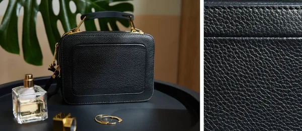 Collage of handbag near golden earrings, perfume and lipstick on black table near tropical leaf and leather texture — Stock Photo