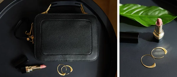 Collage of leather handbag near golden earrings and lipstick on black table with tropical leaf — Stock Photo