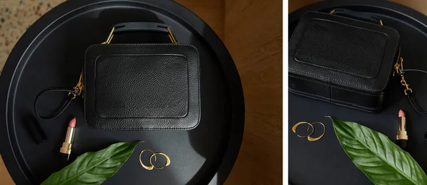Collage de bolso de cuero cerca de pendientes dorados y lápiz labial sobre mesa negra con hoja tropical - foto de stock