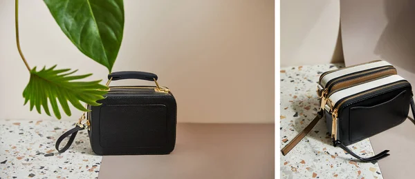 Collage de bolsos de cuero sobre superficie de mármol sobre fondo beige con hojas verdes tropicales — Stock Photo